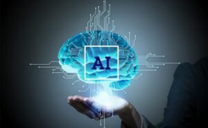 Artificial intelligence digital marketing agency concept showing a digital AI brain with glowing circuits above a human hand.